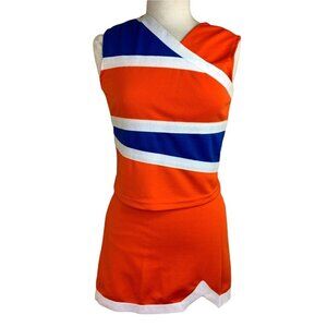 Adult M Real Cheerleading Uniform Outfit Costume 34" Top 27" Skirt Orange Blue